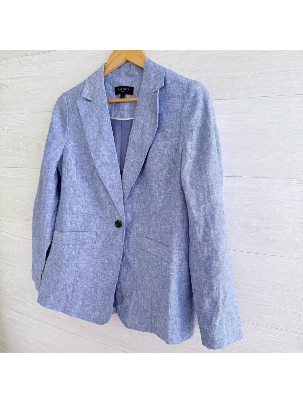 Talbots Petite Linen Blazer Womens 8P Blue One Button Lined Career Jacket - Picture 3 of 6